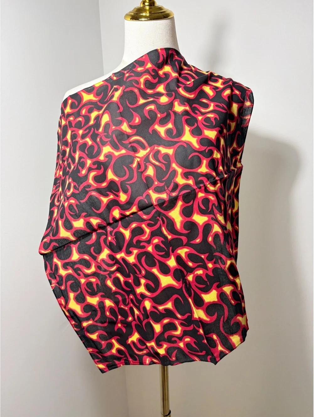 Square Cotton Scarf with Bold Red and Yellow Flame Pattern - New Without Tags